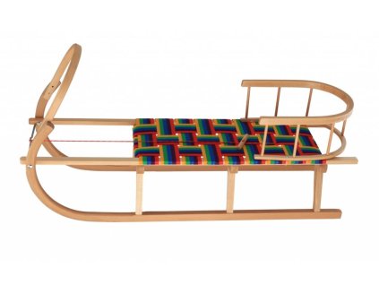 Houten slee met rugleuning en gevlochten zitting
