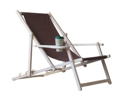 Houten tuinligstoel met drankhouder - bruin