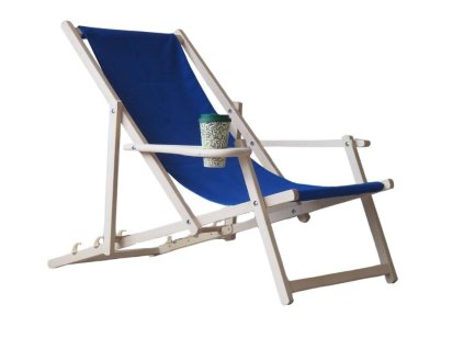 Houten tuinligstoel met drankhouder - blauw