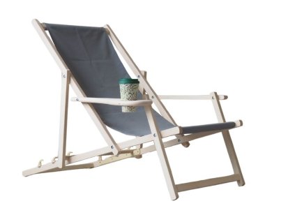 Houten tuinligstoel met drankhouder - grijs
