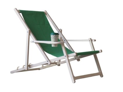 Houten tuinligstoel met drankhouder - groen