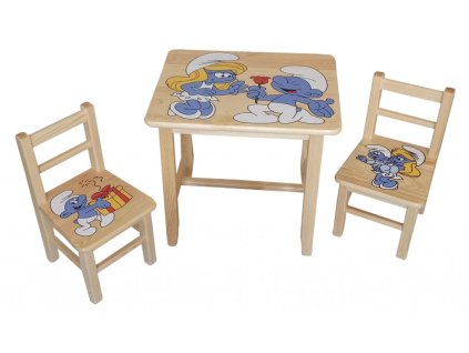 Houten kindertafel met stoelen - Smurfen