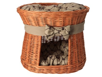 Rieten kattenmand naturel - met kussens en beige strik