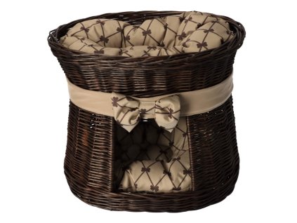 Rieten kattenmand donker - met kussens en beige strik
