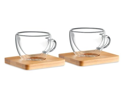 Set van twee isolerende bekers 90 ml met bamboe onderzetter