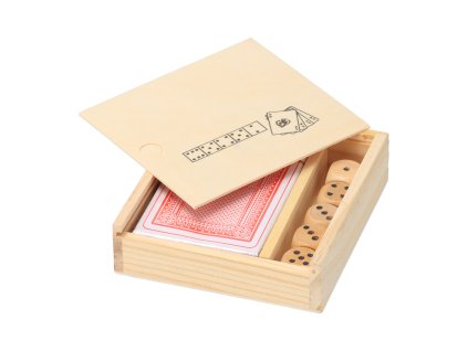 Set van speelkaarten en dobbelstenen in een doosje